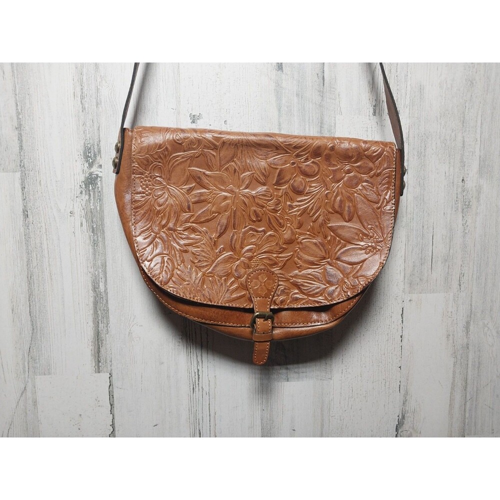 Patricia Nash Rosolini Leather Saddle Bag Satchel Crossbody Natural Tooled